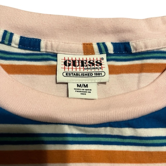 Guess Originals T Shirt Mens M Pastel Striped Embroidered Spellout Tee Pink - Picture 4 of 4